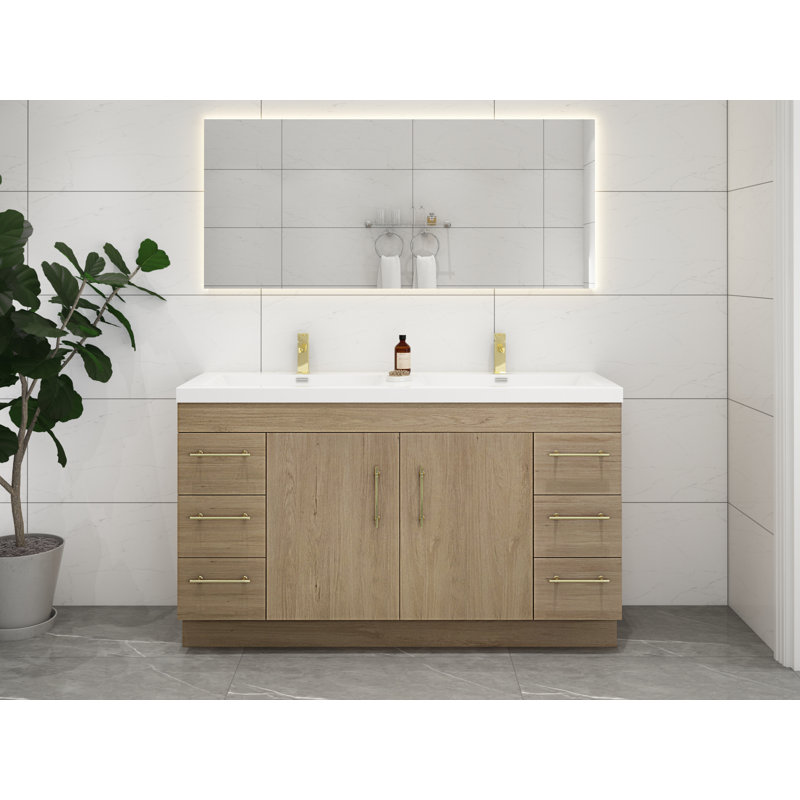 Ensemble de meuble-lavabo double 60 po Carliss, Blanc/chêne, Or