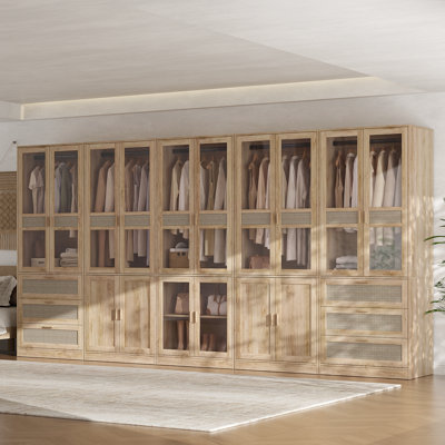 79.1" H x 157.5" W Farmhouse 4-Unit Extra Large Wardrobe Armoire with Rattan Accents, Glass Doors and Drawers