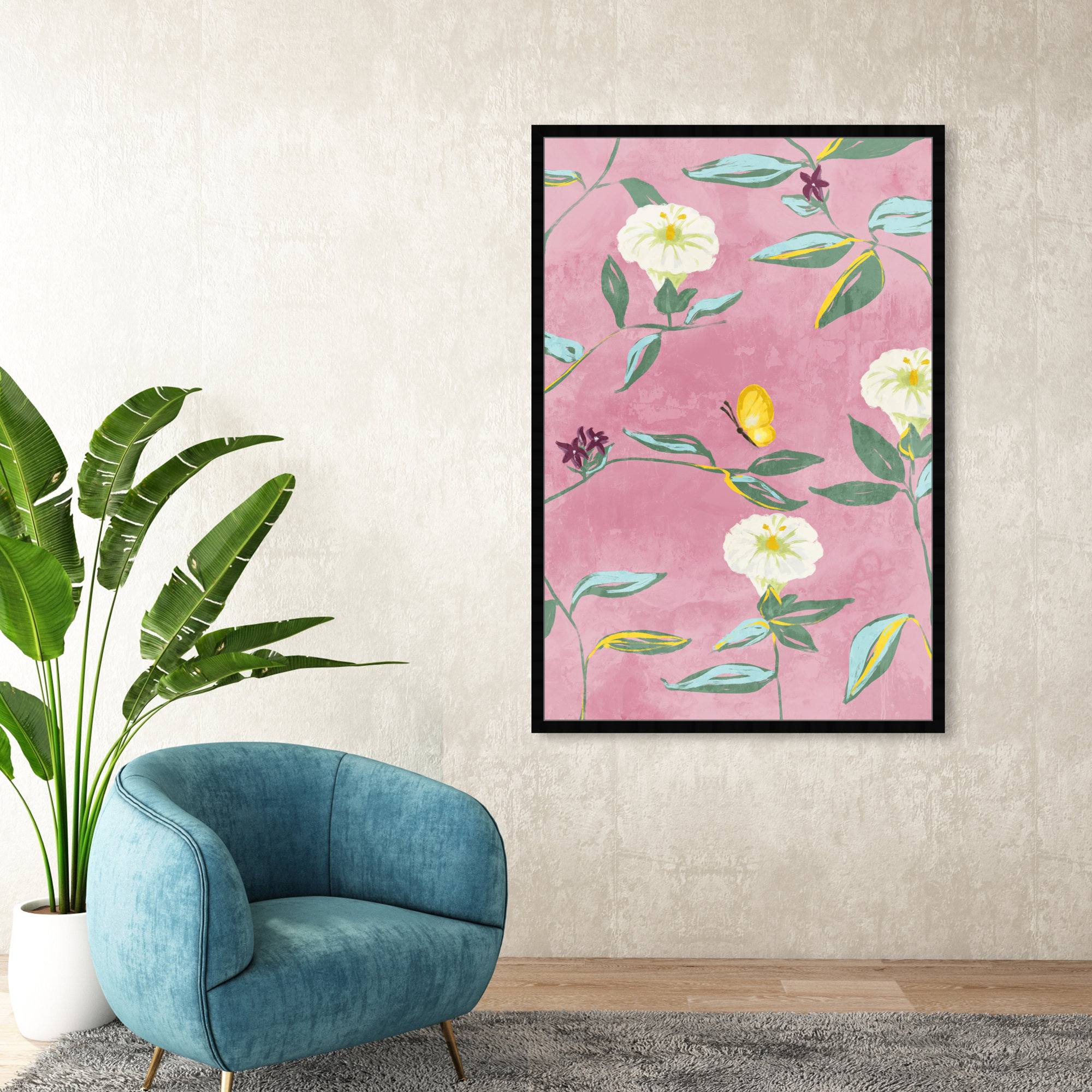 Floral Spring Tapestry Pattern by Birch Lane™ - Picture Frame Print, 56" H x 38" W, Black