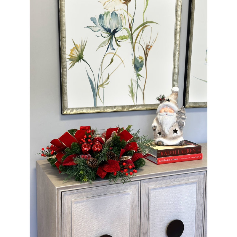 Holiday Candle Holder with Evergreen and Ornaments