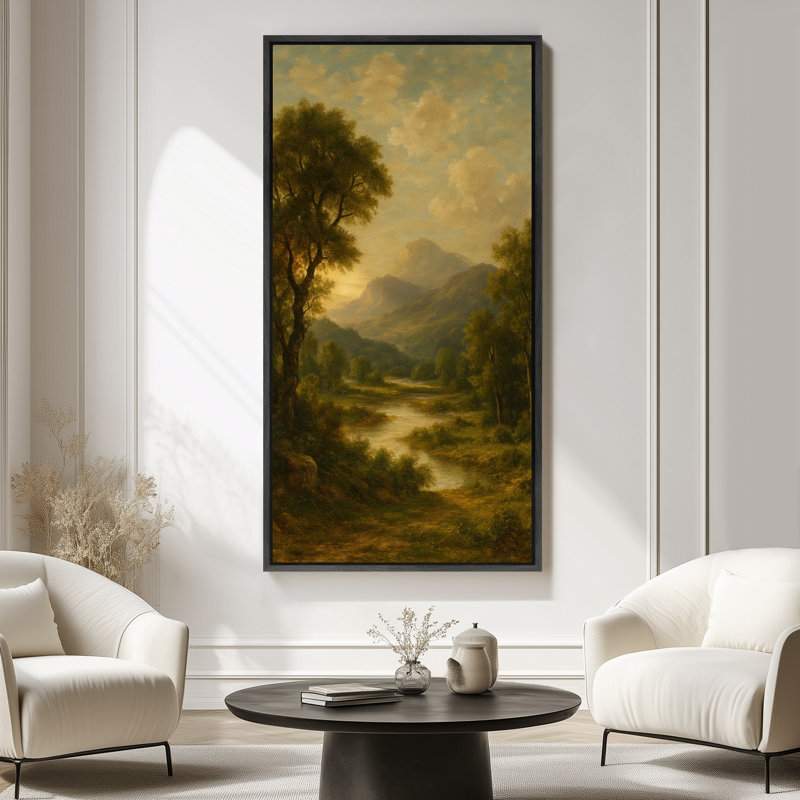 «Serene Mountain Valley Sunset Landscape - Large encadrée», reproduction d'art sur toile encadrée, Noir