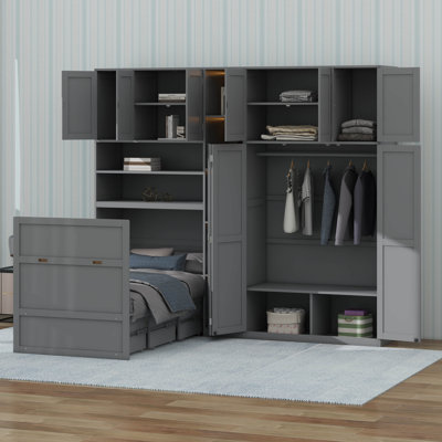 Twin Size Murphy Bed,Wall Cabinet Bed with Wardrobe & Storage Shelves, 5-Tier LED Display Shelves, Overhead Cabinets