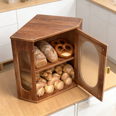 Boîte à pain de coin pour comptoir de cuisine, grand bac de rangement pour pain en bois avec fenêtre en acrylique, organisateur réglable double couche pour pain maison, décor de cuisine de ferme