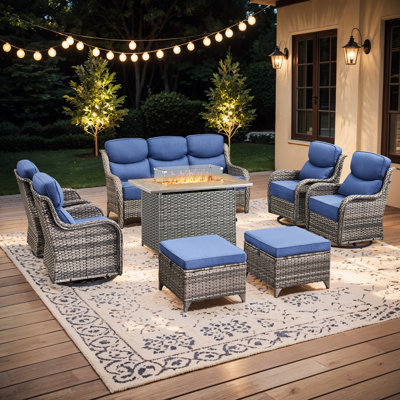 Polygala 8-Piece Outdoor Wicker Patio Conversation Set With Rectangle Fire Pit, 3-Seat Sofa, Ottomans And 4 Swivel Gliders With 6" Thick Cushions
