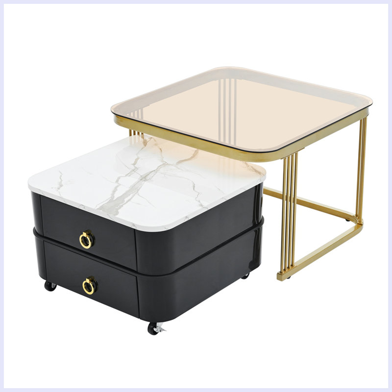 2-in-1 Square Nesting Coffee Table with Wheels & Drawers, Stackable Side Table with High Gloss Marble Grain Top, End Table Set with Brown Tempered Glass for Living Room