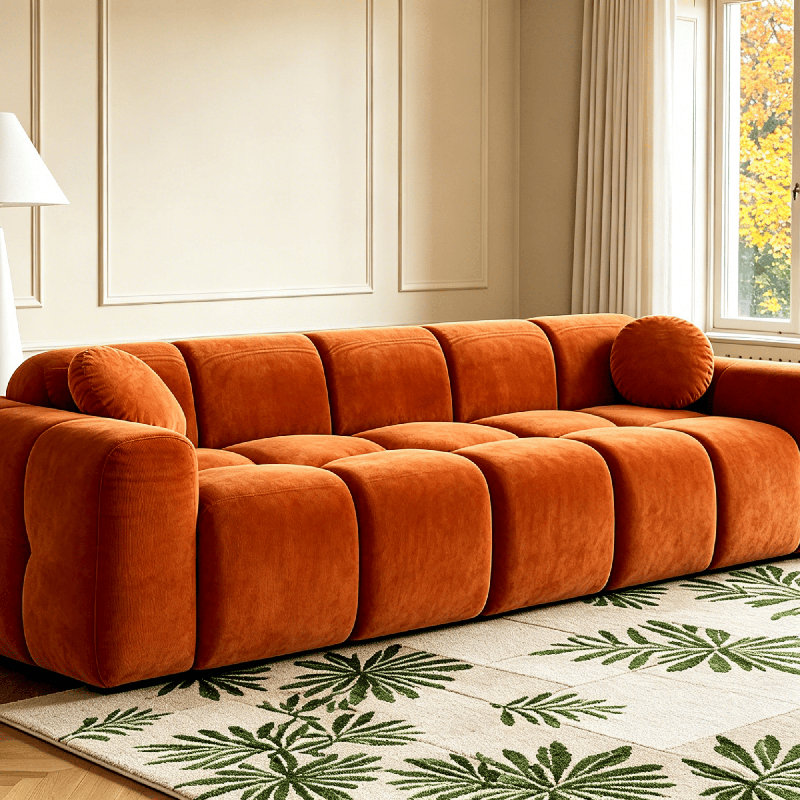 Canapé 98,4 po en velours côtelé 4 places de style cube, en mousse moulée par compression, Orange