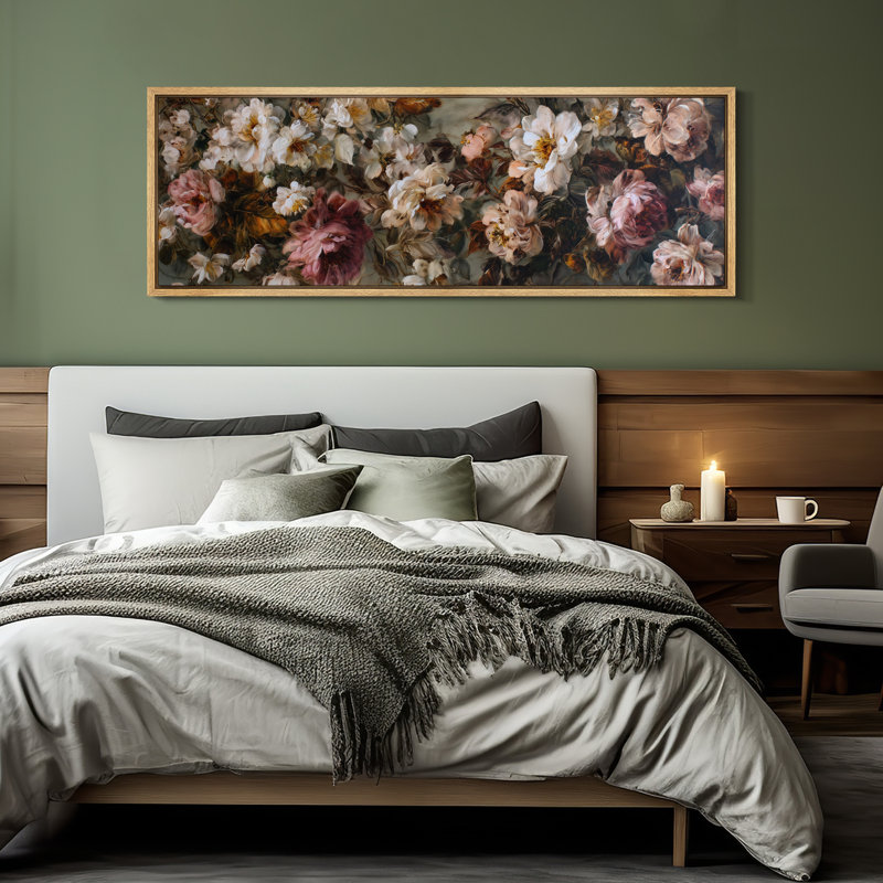 Vintage Rose Garden Blooming Floral Arrangement in Warm Romantic Tones - Large Framed Canvas Master Bedroom Wall Art Print