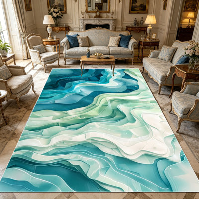 1pièce tapis décoratif abstrait bleu sarcelle ondulé vert sauge pour salon, doux, toutes saisons, facile à entretenir, lavable, convient à la salle à manger, à la chambre à coucher, au vestibule, à la cuisine, au bureau personnel, au patio, à la maison et à l'extérieur.