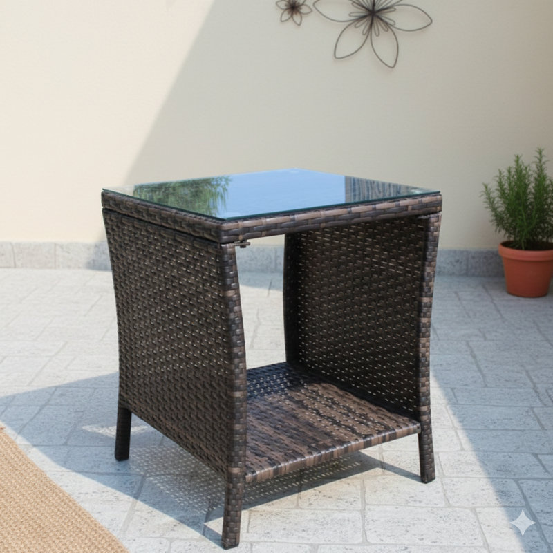 Ensemble de mobilier d'extérieur comprenant 1 table basse avec plateau en verre trempé transparent.