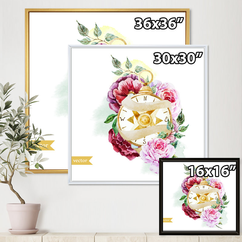 Boussole de fleurs - peinture sur toile, H 30 po x l 30 po x P 1 po, Toile avec cadre noir