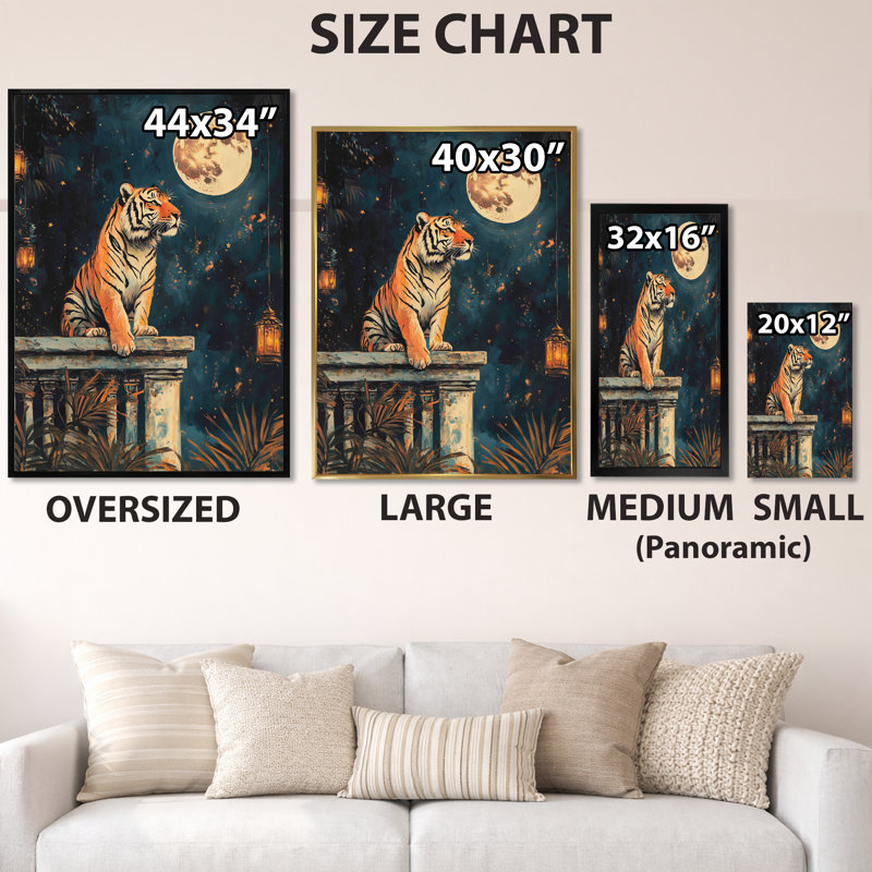 Balustrade au clair de lune - Décoration murale encadrée Tigre, H 32 po x l 16 po, Encadrement doré