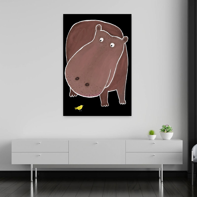 Curious Hippo And Bird Contemporary Bird Nature Wildlife Wall Art Print 1 Piece Wrapped Canvas Wall Art