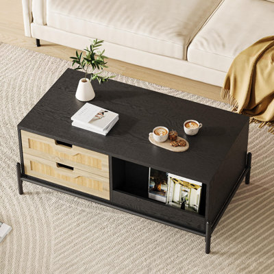 Table basse rectangulaire en rotin avec lumières DEL, table de ferme moderne avec 4 tiroirs et tablette de rangement ouverte