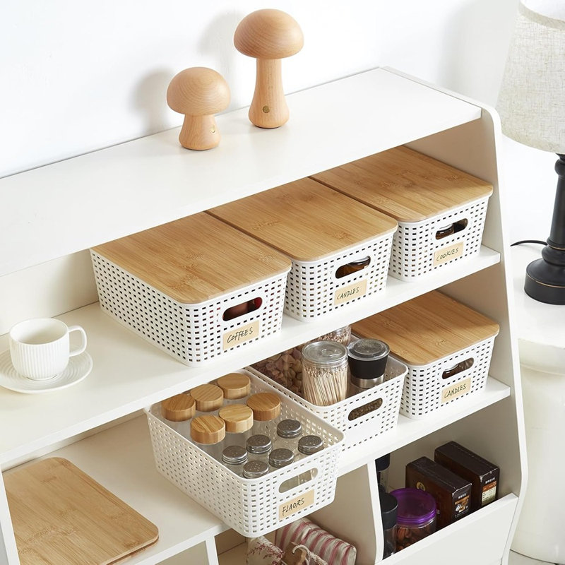 Paquet de 6 petits bacs de rangement en plastique avec couvercles en bambou - boîtes de rangement de garde-manger empilables avec étiquettes pour placard, bureau et bureau