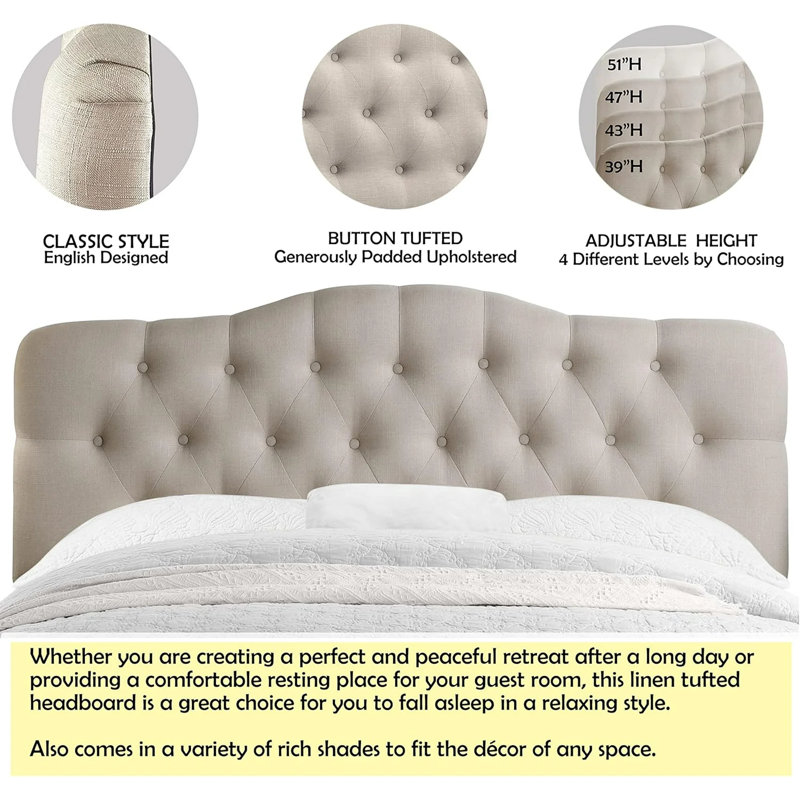 Tête de lit capitonnée tapissée à oreilles, tête de lit en bois massif avec pieds en bois, tête de lit à hauteur réglable de 47 po à 63 po, tête de lit en tissu au design moderne, beige