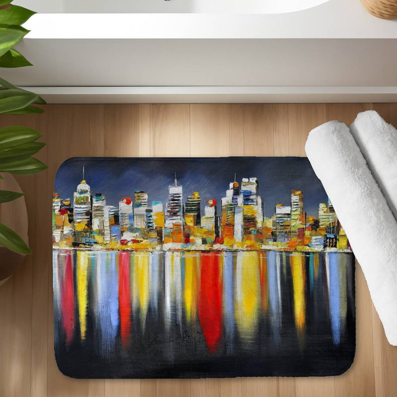 Colorful reflection of a cityscape by night Bath Mat with Non-Slip Backing - Quick Dry Memory Foam Bathroom Rug - Absorbent - Modern Plush Spa-Style - Machine Washable