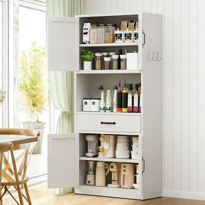 Armoire de rangement en acier de cuisine avec grand comptoir, tablettes réglables, tiroirs et crochets, armoire de style moderne robuste