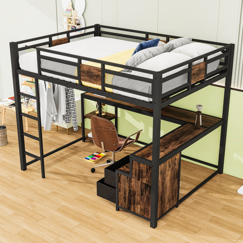 Queen Loft Bed With Desk And Storage Drawers,Ladder