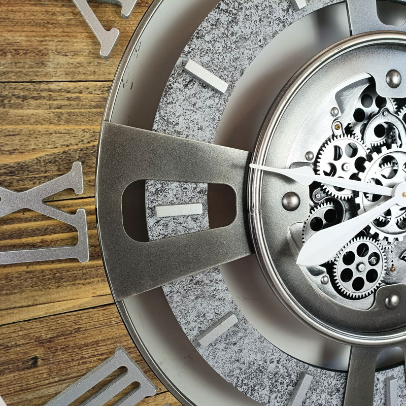 Oversized Wood and Stone Industrial Wall Clock with Real Moving Gears