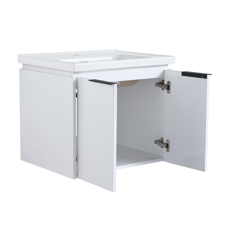 Meuble-lavabo mural de 24 po avec portes à fermeture douce et lavabo en céramique, parfait pour les petits espaces et facile d'entretien