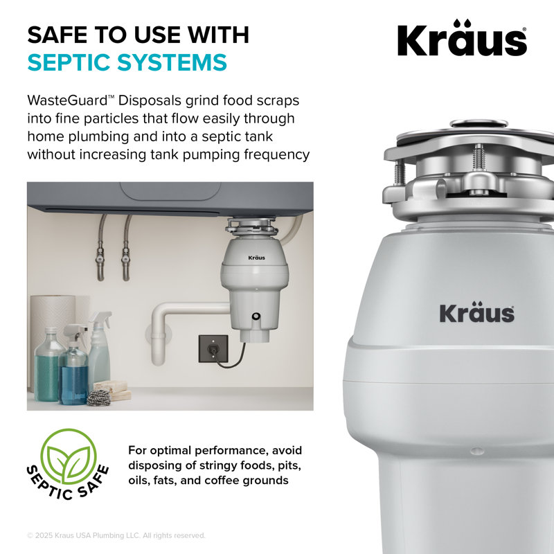KRAUS Wasteguard Continuous Feed Garbage Disposal With Ultra-Quiet Motor For Kitchen Sink With Power Cord And Flange Included