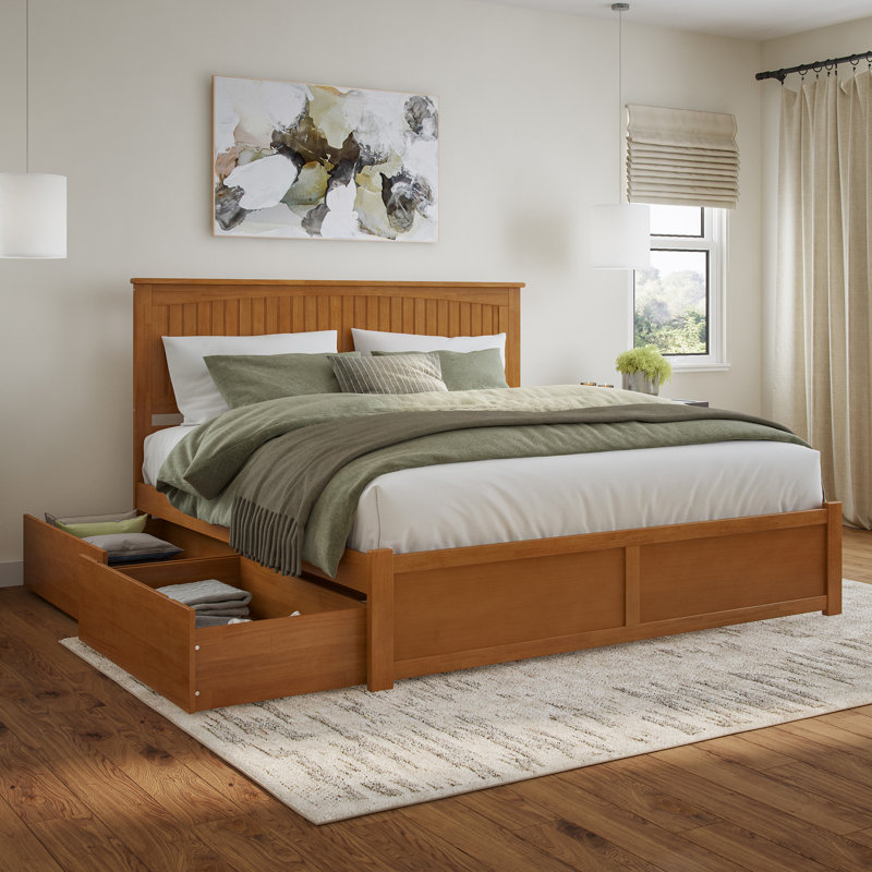 Lit plateforme en bois massif avec pied de lit et tiroirs de rangement Nantucket, Très grand, Caramel clair