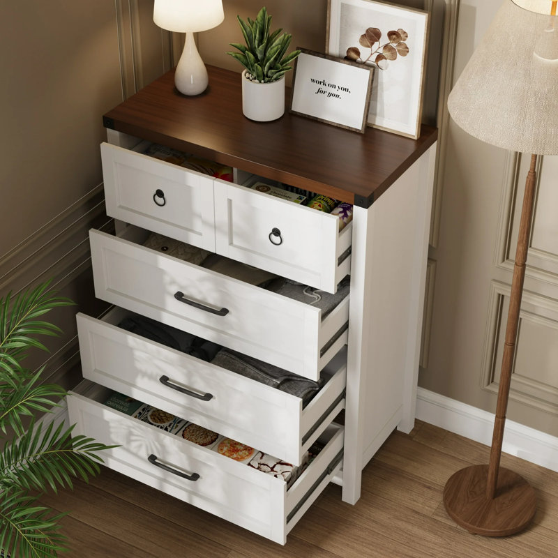 Guilhem 5 Drawer Dresser 41.3" Tall, White/Brown