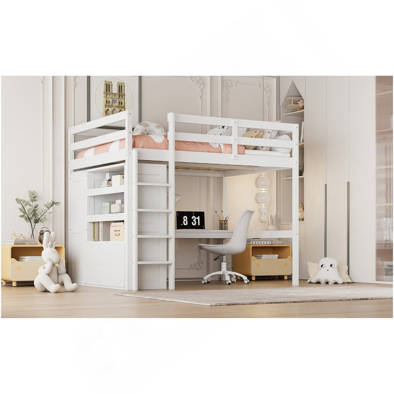 Lit mezzanine double en bois avec garde-robe intégrée, bureau, tablettes et tiroirs, blanc