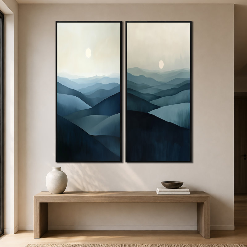 Crêtes du soleil pâle I - Ensemble de 2 décorations murales modernes de paysage, 60" H x 56" W, Black Floater Framed