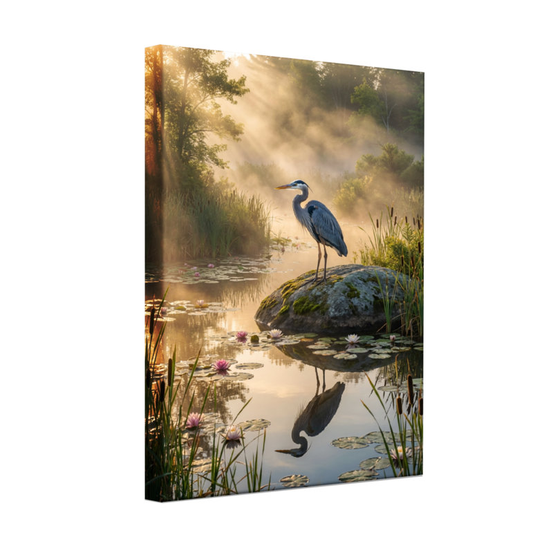 Animaux, lumière du soleil, héron, étang, réflexion, nature, sérénité, brume de nénuphar, H 30 po x l 20 po