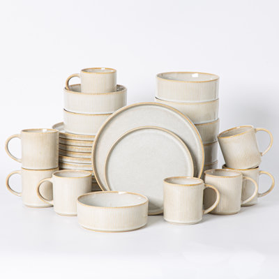  Straight Sided 32 Piece Stoneware Dinnerware Sets with Mugs, Service For 8
