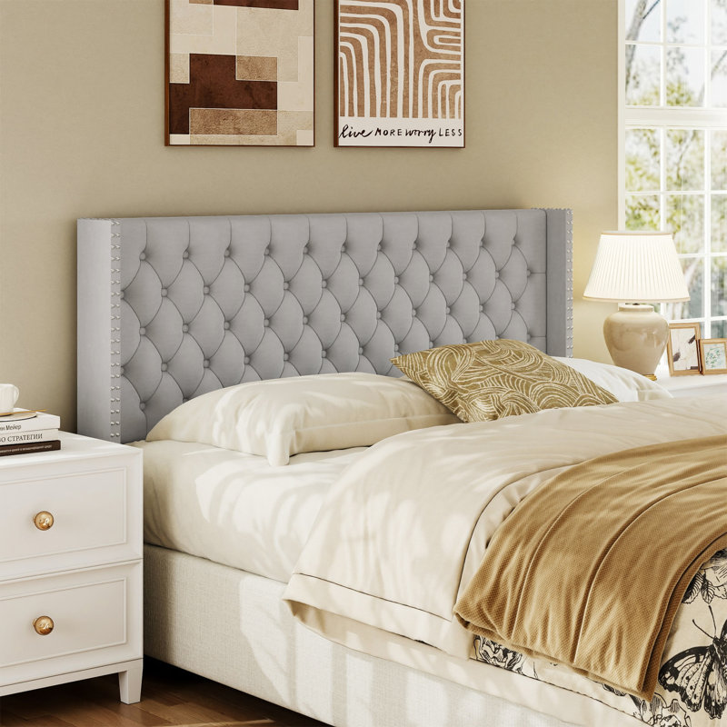 Tufted Wingback Headboard Queen Size, Gray-Velvet, Queen