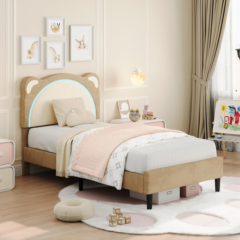 Twin Kids Bed Frame with Adjustable Headboard & LED Lights, Wooden Slats Support, No Box Spring Needed, Brown, Twin
