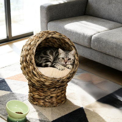 Elevated Cat Bed With Rotating Basket, Soft Cushion, Basket - Weave Style, Dark Brown Or Beige, Water Hyacinth Material, Suitable For Cats Under 8.8 Lbs