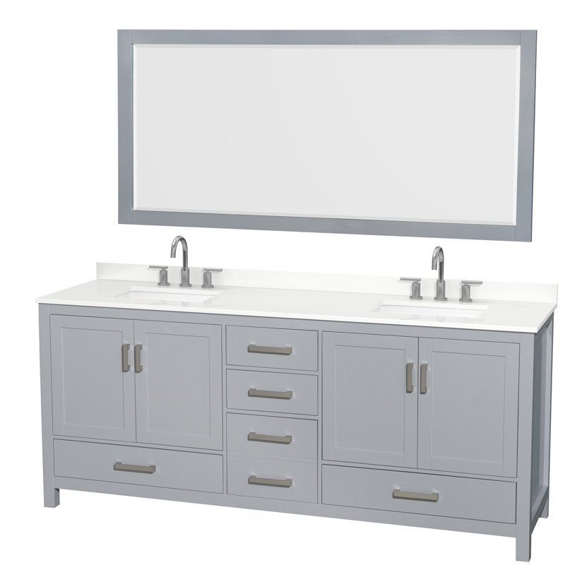 Ensemble de meuble-lavabo double autoportant 80 po avec plateau en quartz Sheffield et miroir 70 po, Quartz blanc, Gris