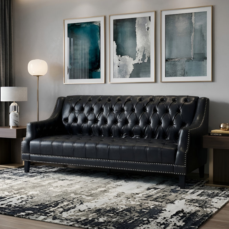 Mid Century Faux Leather Sofa With Solid Wood Legs, Tufted Button Back Sofa For Bedroom/Lliving Room/Guest Room, Black