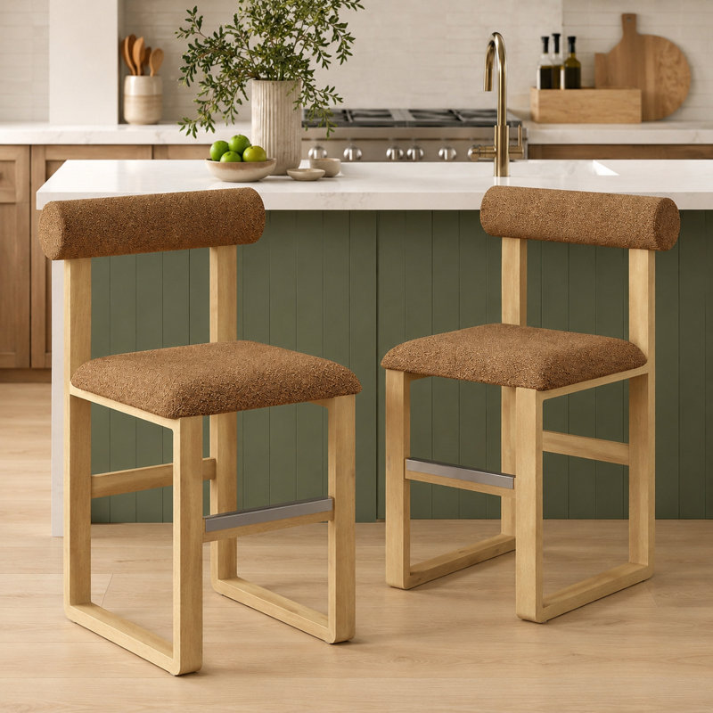 Brayden Upholstered Bar & Counter Stool with Wooden Sled Base, Counter Stool (24.5” Seat Height), Yellow, Orange