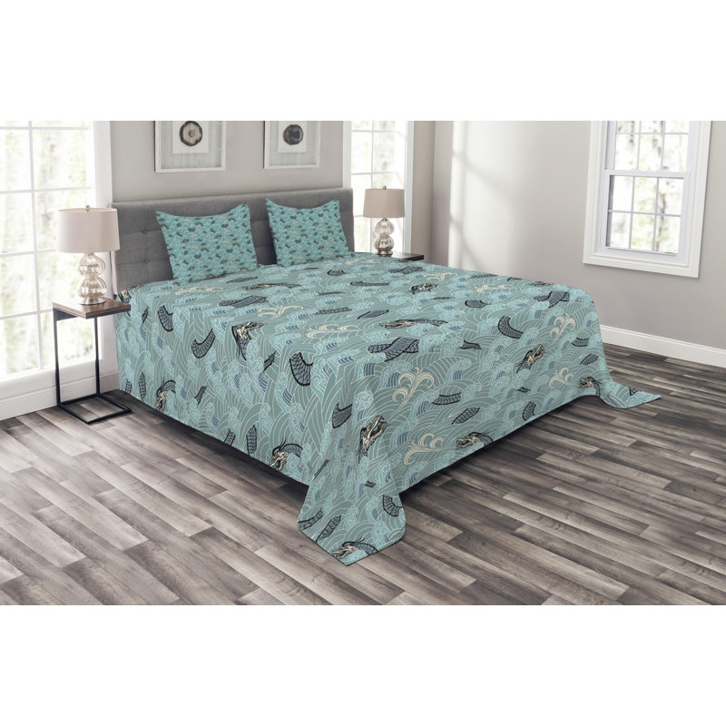 Adrio Blue/Grey Microfibre Bedspread Set, 220 x 264 cm