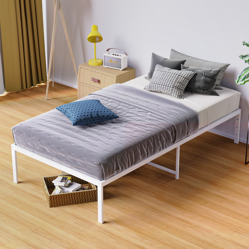 Scio 14'' High White Bed Frame Metal Bedframes with Protection Pads Noisy Free Anti Slip, Twin