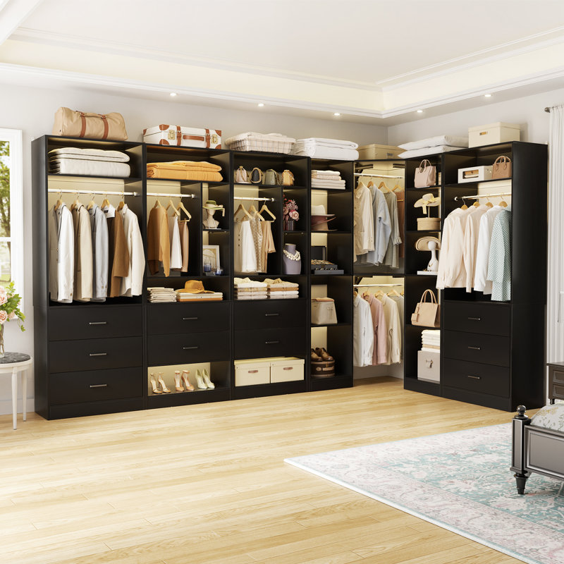 87.2" L X 87.2" W X 80" H Corner Closet System,Freestanding Closet Organizer System With 10 Drawers & 12 Shelves, Black