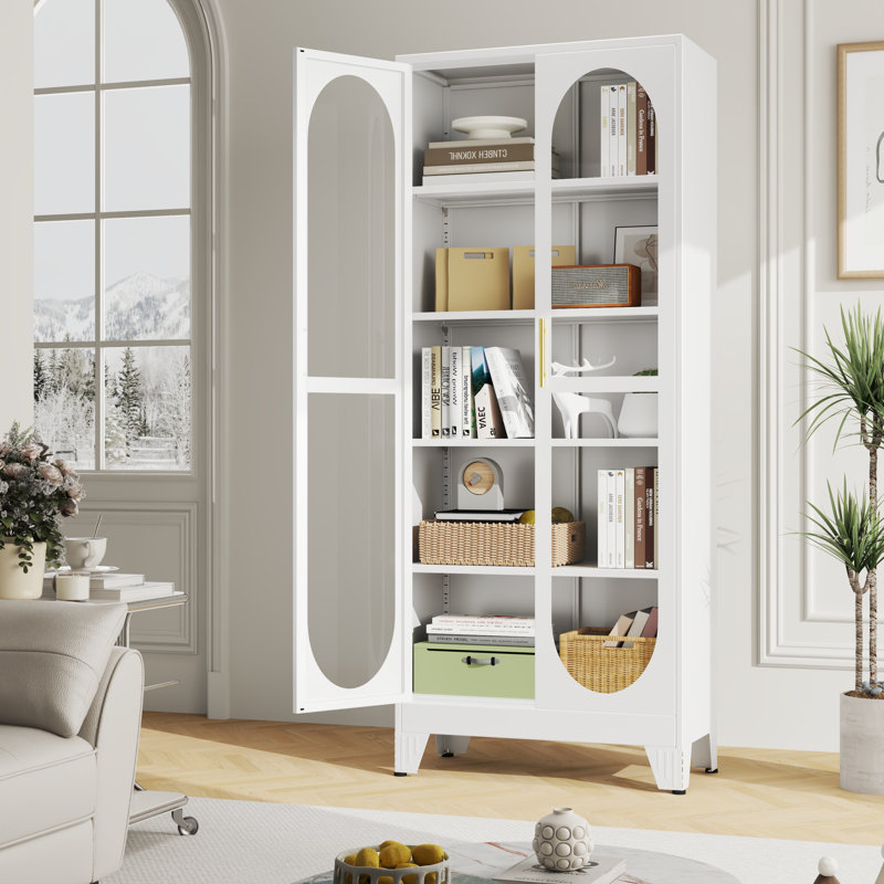 Grande armoire de rangement moderne avec portes en verre et 4 tablettes réglables pour la cuisine et la salle à manger, Blanc