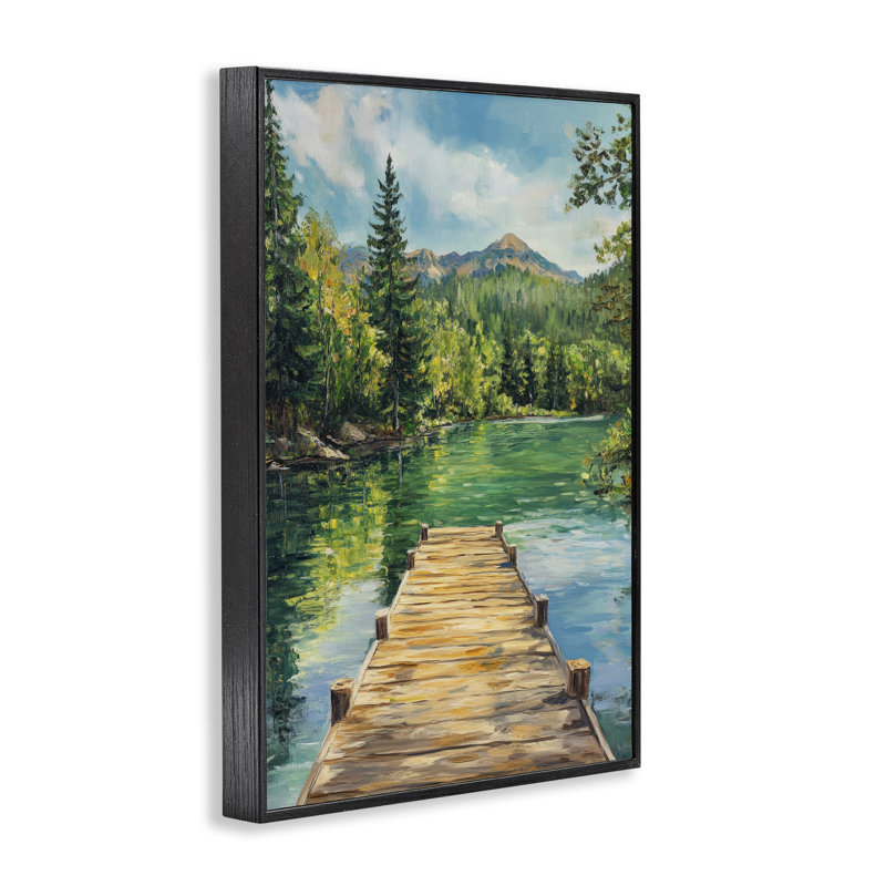 Sunlit River Dock, estampe numérique, design par Petal Prints Design, 18 po x 12 po, Giclée noire de minuit encadrée