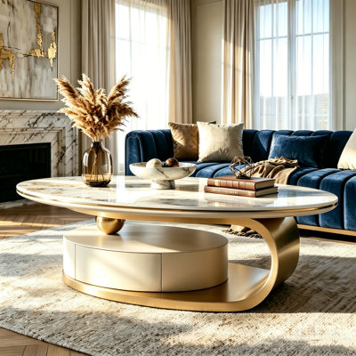 51.2" Modern Oval Coffee Table, Luxury Sintered Stone Top, Gold Base Center Table With Drawer