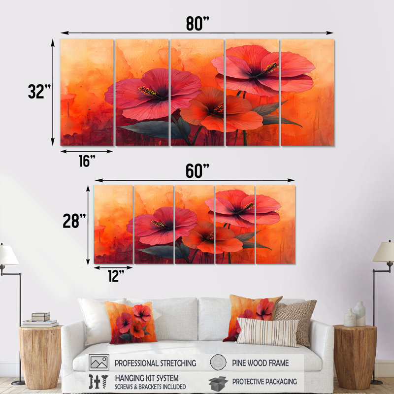 Vives teintes Hibiscus liquide Harmony II - Hibiscus Wall Decor - Art mural traditionnel, H 28 po x l 60 po, 5