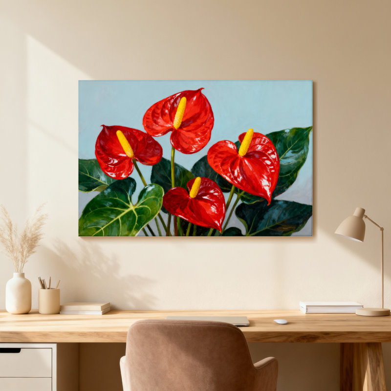 Plantes et fleurs fleurs d'anthurium rouges avec feuilles vertes, H 16 po x l 24 po, Toile tendue, Ne s’applique pas