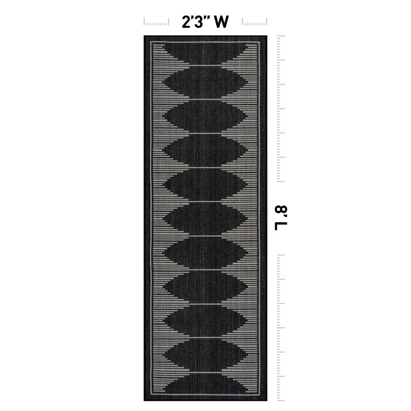 Geometric Black/Ivory Easy-Care Jute-Style Indoor/Outdoor Flat Woven Area Rug, Runner 2'3" x 8', Black