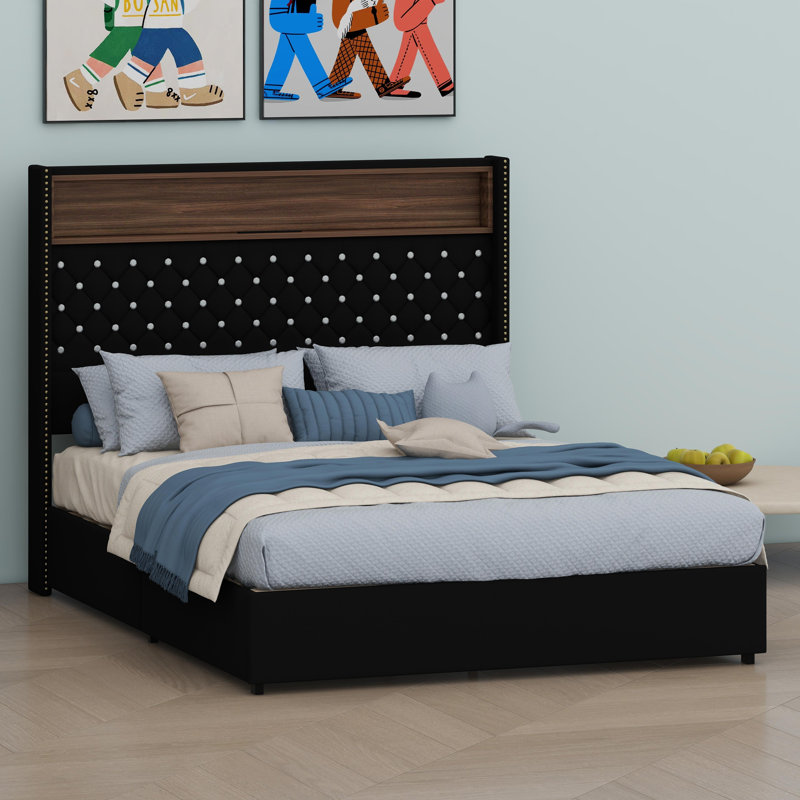 Tufted Wing-Back Platform Bed with High Headboard, Rivet Accents, USB Charging, Night Light, and Integrated Shelf, Noir