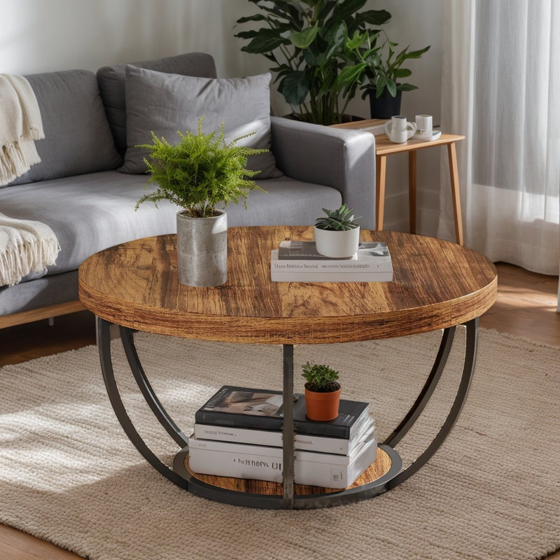 Table basse ronde en bois à 2 niveaux avec tablette de rangement inférieure, table d'appoint centrale moderne pour le salon