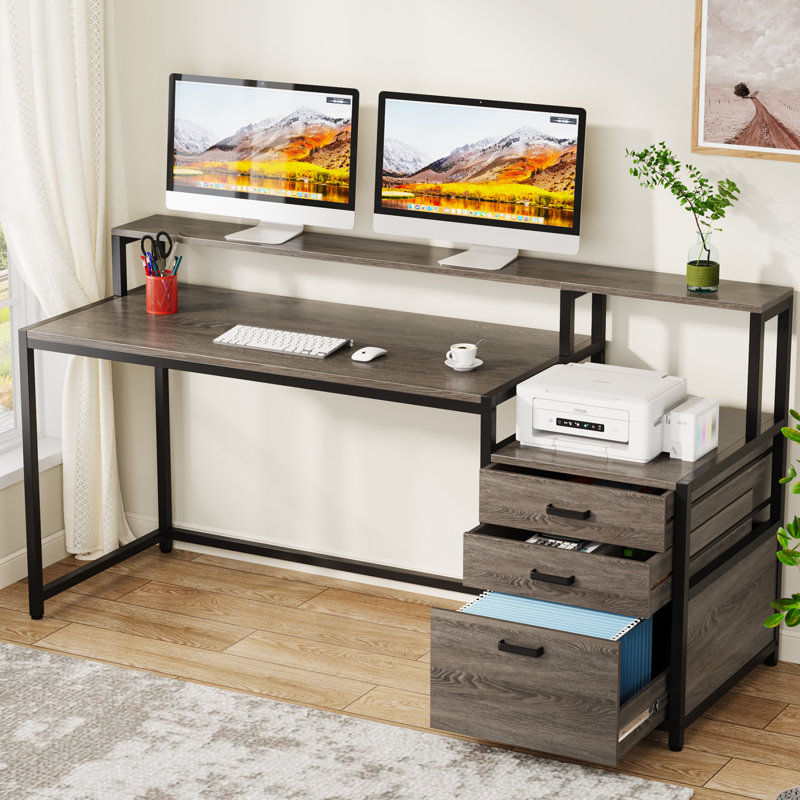 Metal Base Computer Desk, Grey, Black/Grey