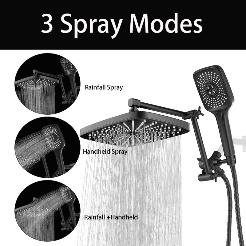 12 Inch Rain Shower Head With Handheld Spray Combo, With Adjustable Extention Arm, 3-Way Diverter, Black